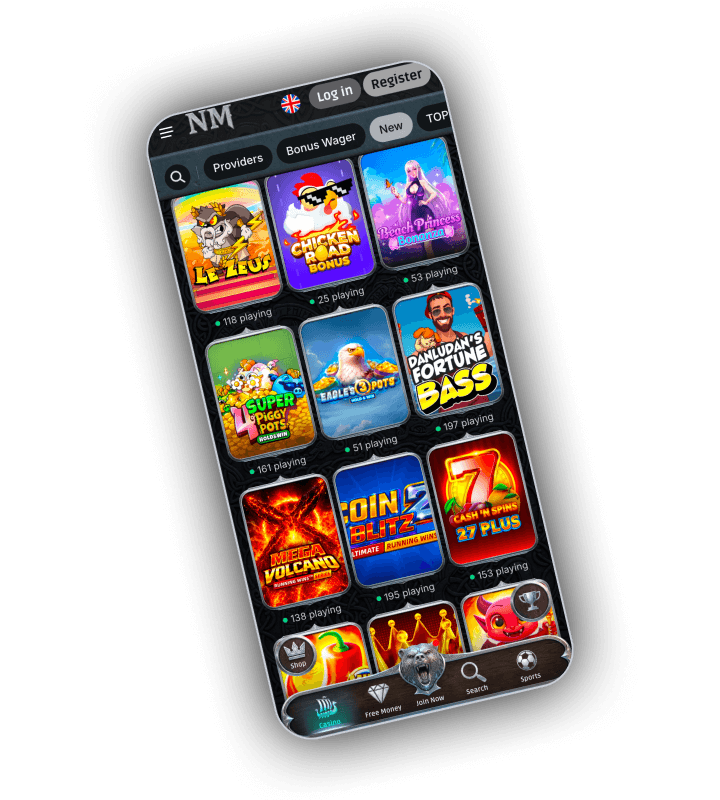 NorseMania slot grid on a phone with Le Zeus, Chicken Head, Fortune Bass and other slots