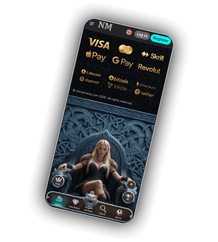 NorseMania payment methods on a phone: Visa, Mastercard, Apple Pay, Google Pay, Skrill, Revolut and crypto coins