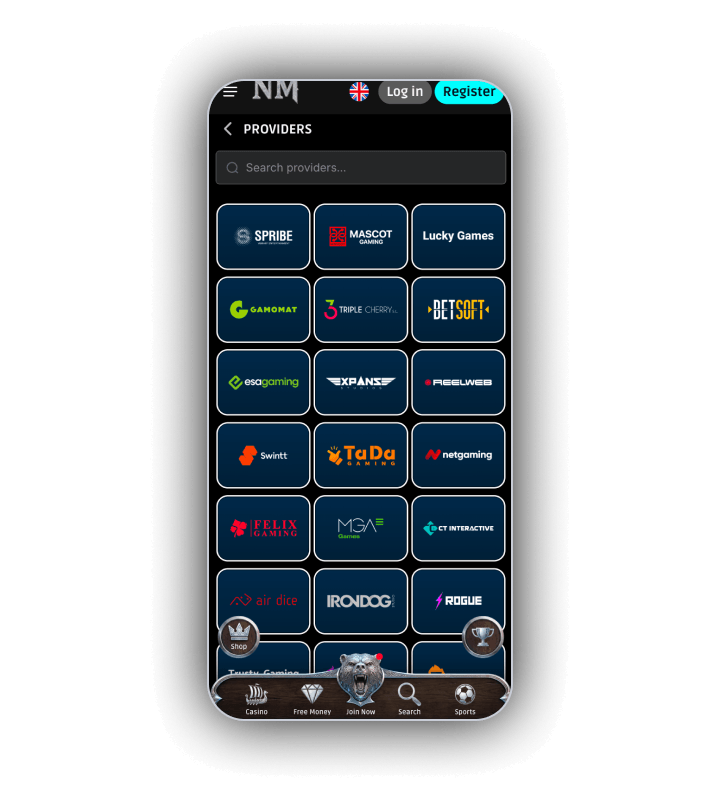 The NorseMania providers list with a search field and studio logos including Spribe, Mascot Gaming, Betsoft and TaDa Gaming