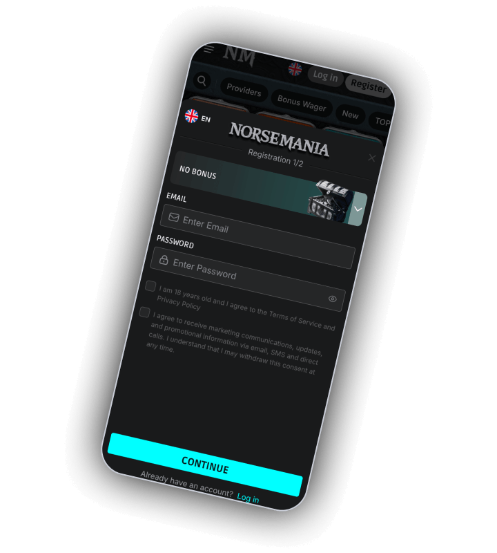 Step one of the NorseMania registration form with bonus choice, email and password fields