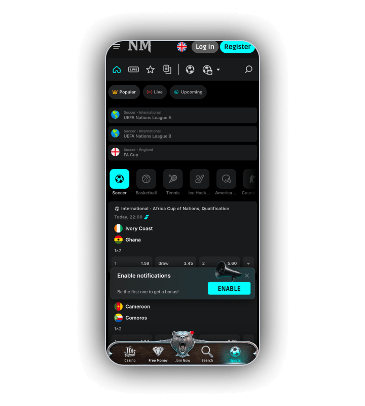 The NorseMania sportsbook on a phone with football, basketball, tennis and ice hockey and UEFA Nations League matches