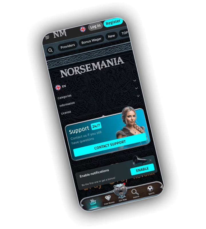 The NorseMania menu on a phone with the 24/7 Support banner and the Contact Support button